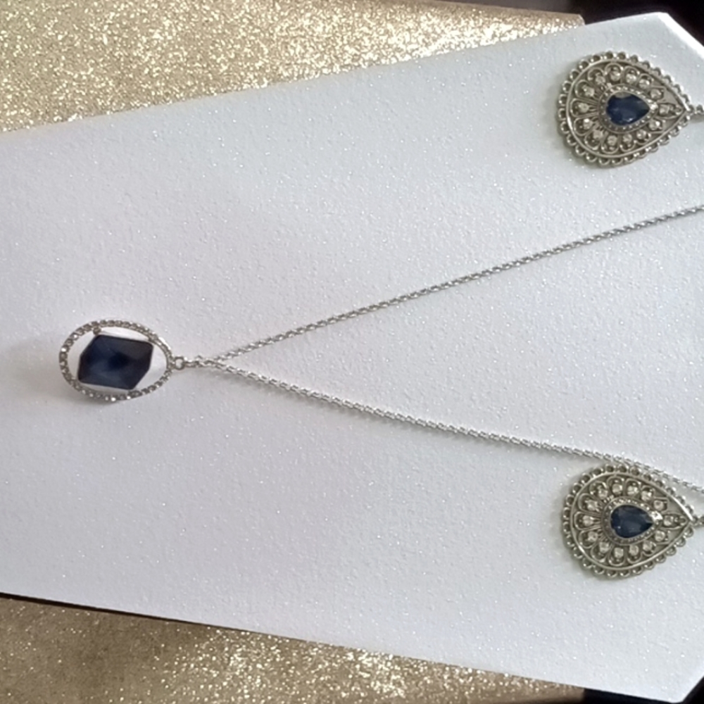 Blue sapphire with diamond accents large pendant with exquisite earings